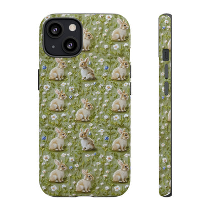 Custodia per iPhone Meadow Rabbits, design Serene Spring Wildlife, custodia protettiva di ispirazione ecologica, custodie per telefoni resistenti