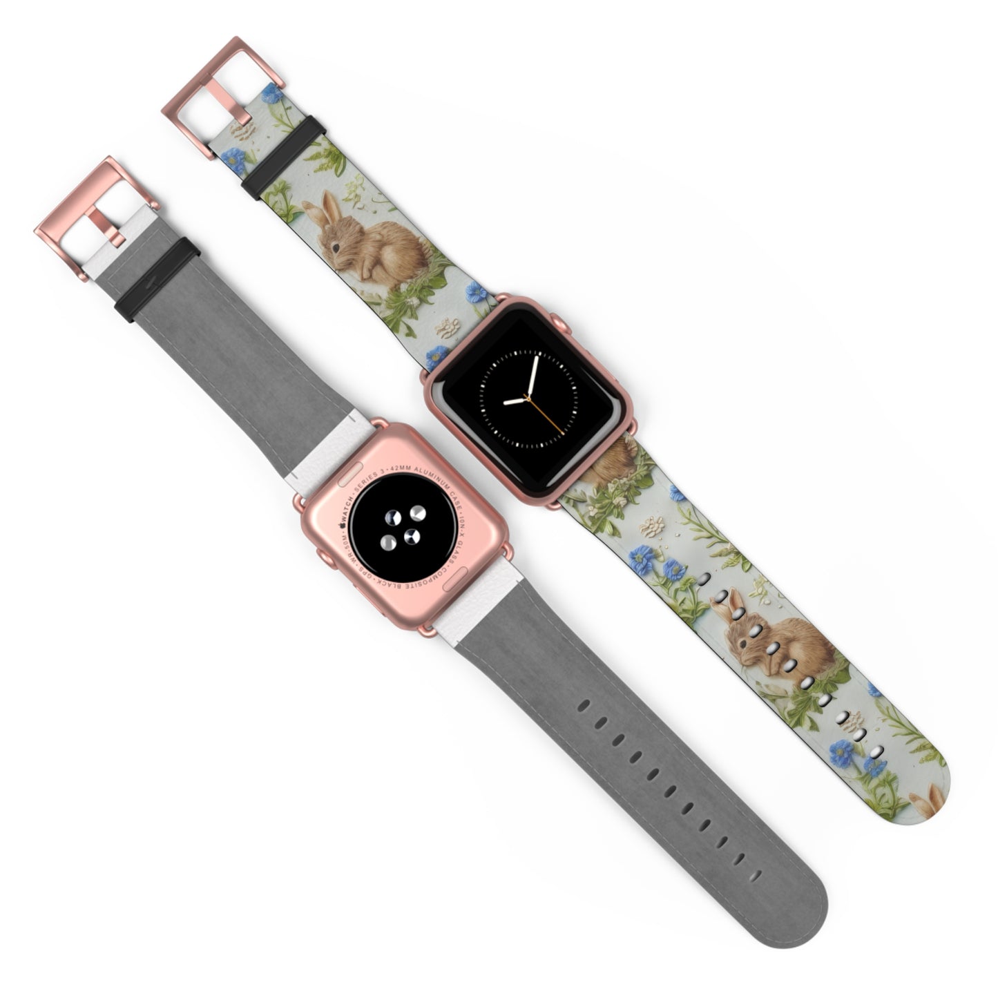 Springtime Bunny & Florals Apple Watch Band, Charming Rabbit Illustration, Pastel Blue Smartwatch Accessory. Apple Watch Band Apple Watch Straps For Series 4 5 6 7 8 9 ULTRA SE 38/40/41mm & 42/44/45mm Vegan Faux Leather Band