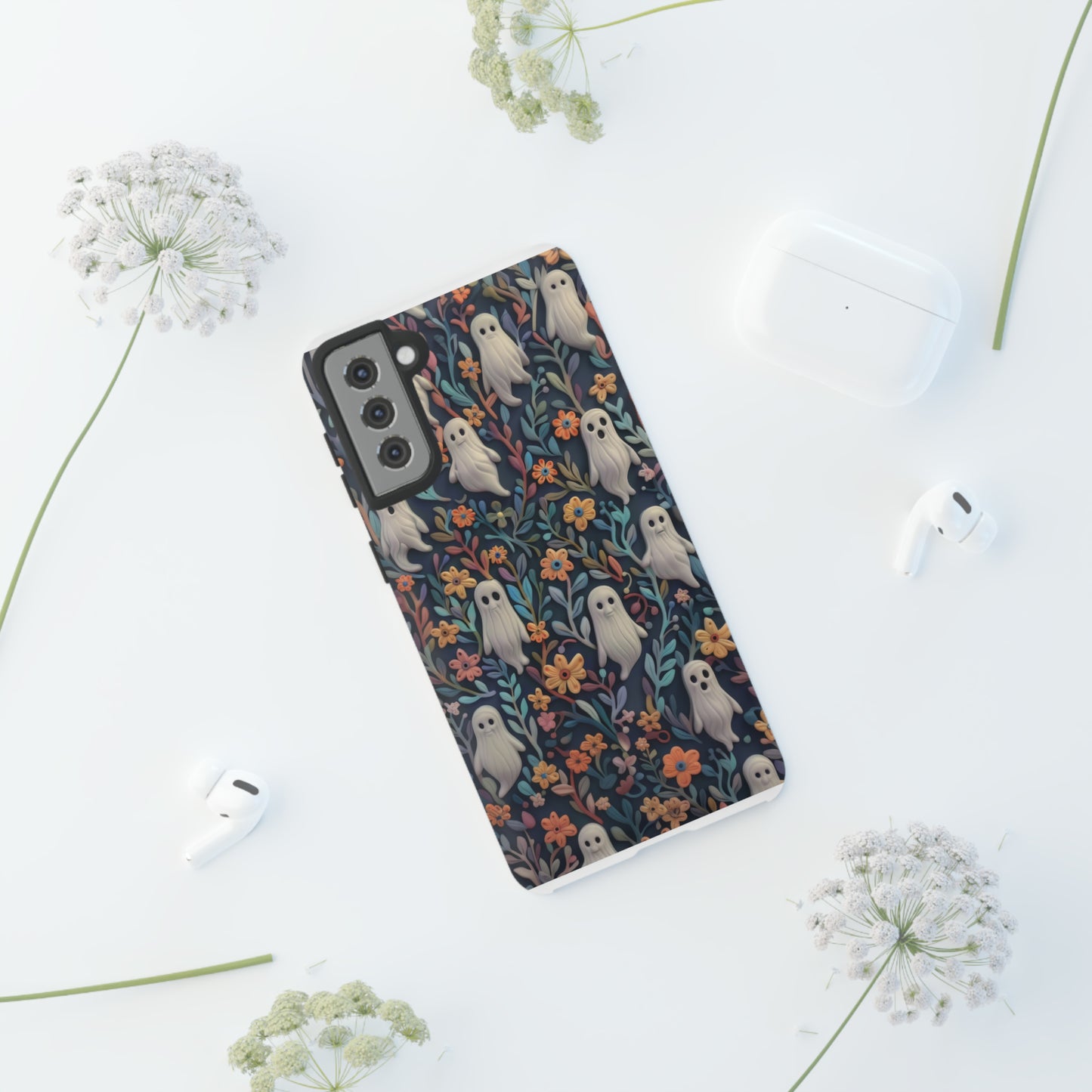 Whimsical Ghosts Floral iPhone Case, Unique Spooky Design, Charming Protective Cover, Tough Cases