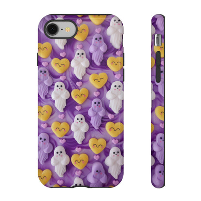 Purple Passion Ghostly Hearts Phone Case, Adorable Spirits with Love Emojis Cover for Smartphones, Tough Phone Cases