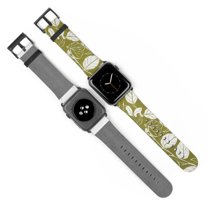 Apple Watch-Armband mit olivgrünem Blattmuster | Öko-Chic-Armband im Natur-Stil. Apple Watch-Armband, Apple Watch-Armbänder für Serie 4, 5, 6, 7, 8, 9, ULTRA SE, 38/40/41 mm und 42/44/45 mm, veganes Kunstlederarmband 