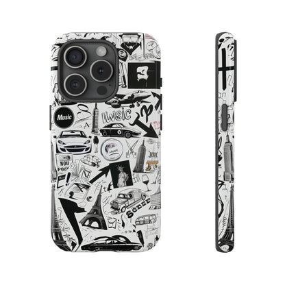 Iconica custodia per telefono con collage musicale in bianco e nero, cover dal design grafico moderno per audiofili, custodie per telefoni resistenti