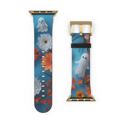 Charming Ghosts and Autumn Leaves Apple Watch Band, Spooky Cute Floral Design, Seasonal Smartwatch Strap. Apple Watch Band Apple Watch Straps For Series 4 5 6 7 8 9 ULTRA SE 38/40/41mm & 42/44/45mm Vegan Faux Leather Band