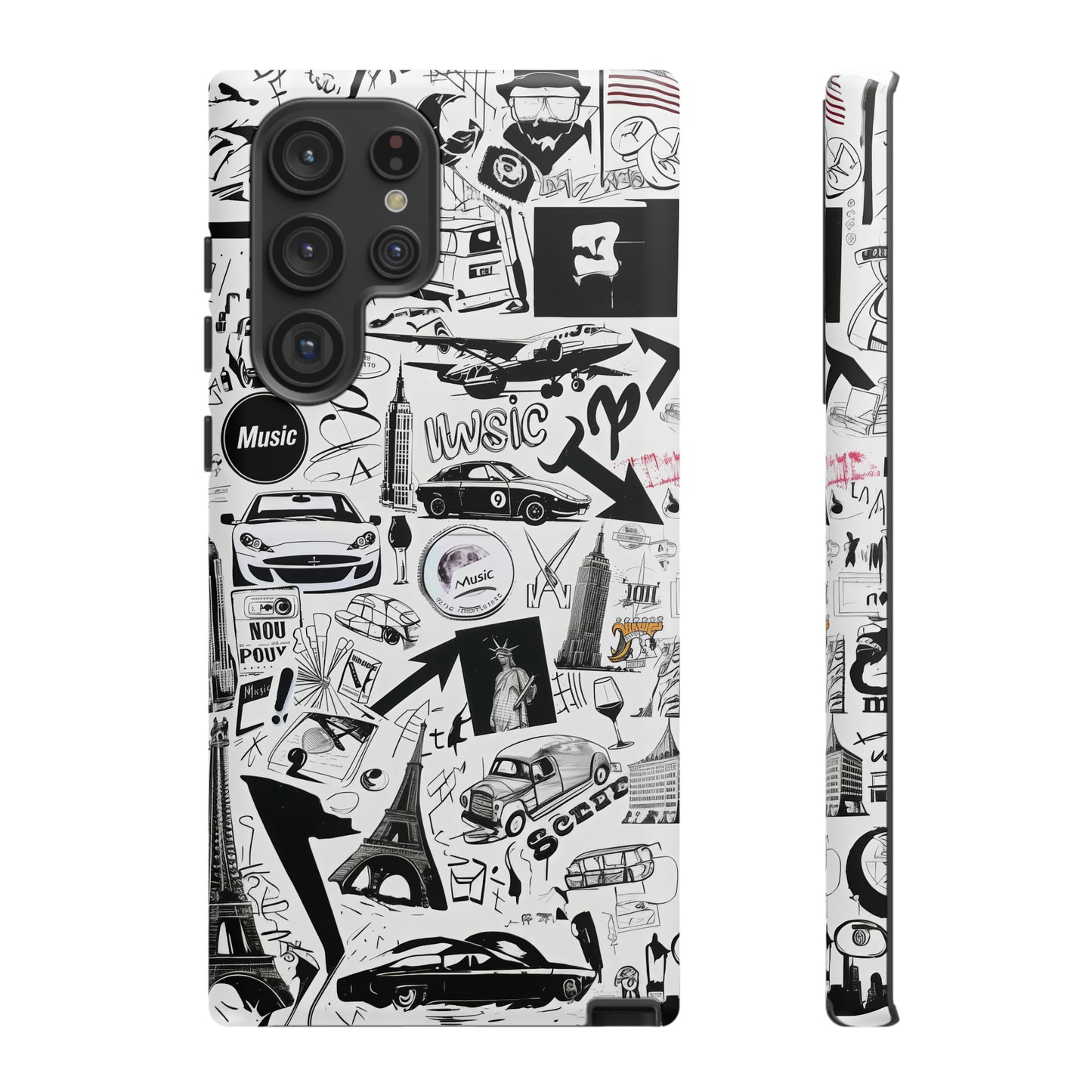 Iconica custodia per telefono con collage musicale in bianco e nero, cover dal design grafico moderno per audiofili, custodie per telefoni resistenti