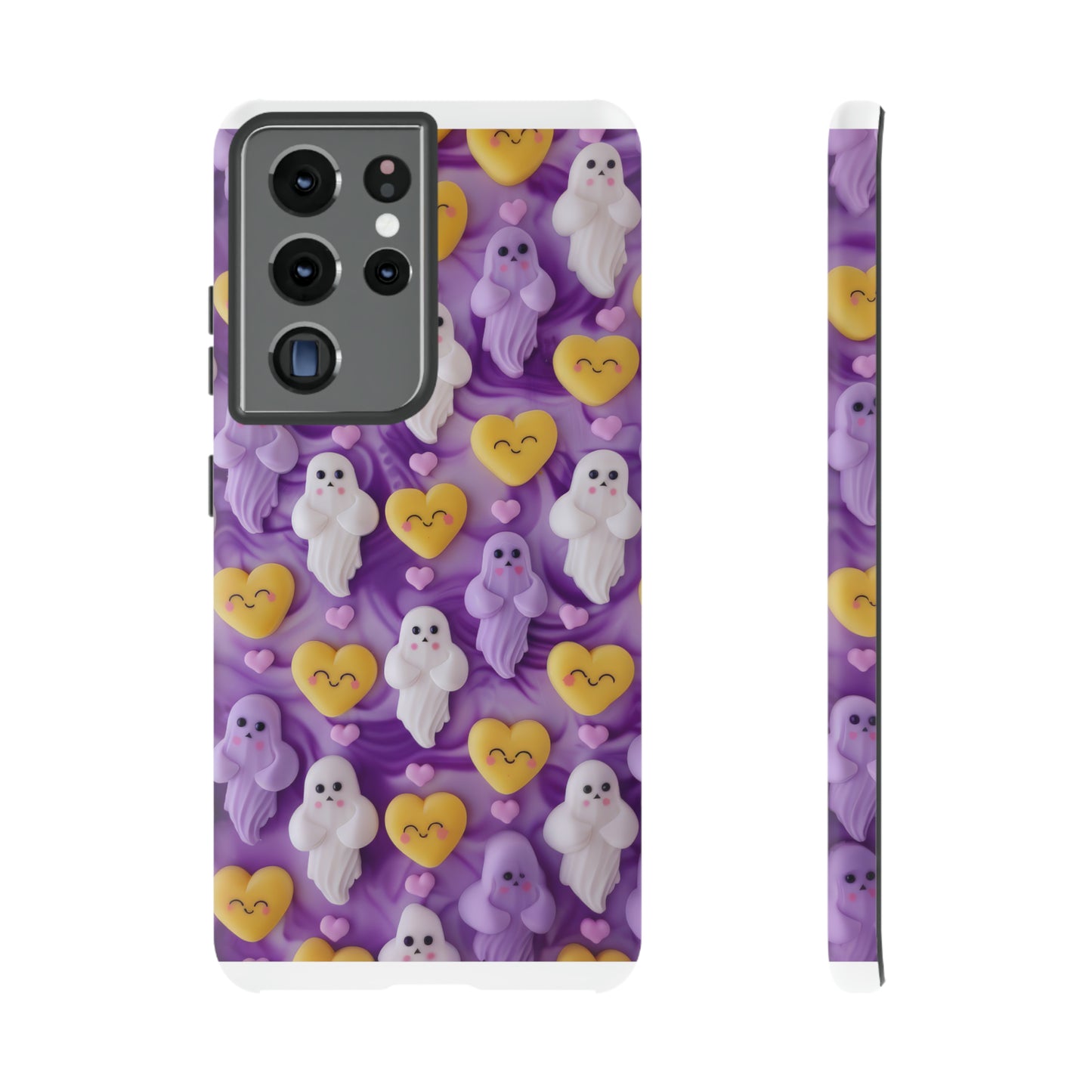 Purple Passion Ghostly Hearts Phone Case, Adorable Spirits with Love Emojis Cover for Smartphones, Tough Phone Cases