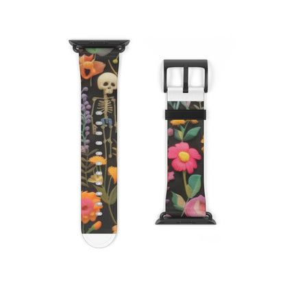 Gothic-Blumen-Totenkopf-Armband für die Apple Watch, leuchtende Blüten mit Skelett, kantiges botanisches Smartwatch-Armband. Apple Watch-Armbänder für die Serie 4, 5, 6, 7, 8, 9, ULTRA SE, 38/40/41 mm und 42/44/45 mm, veganes Kunstlederarmband