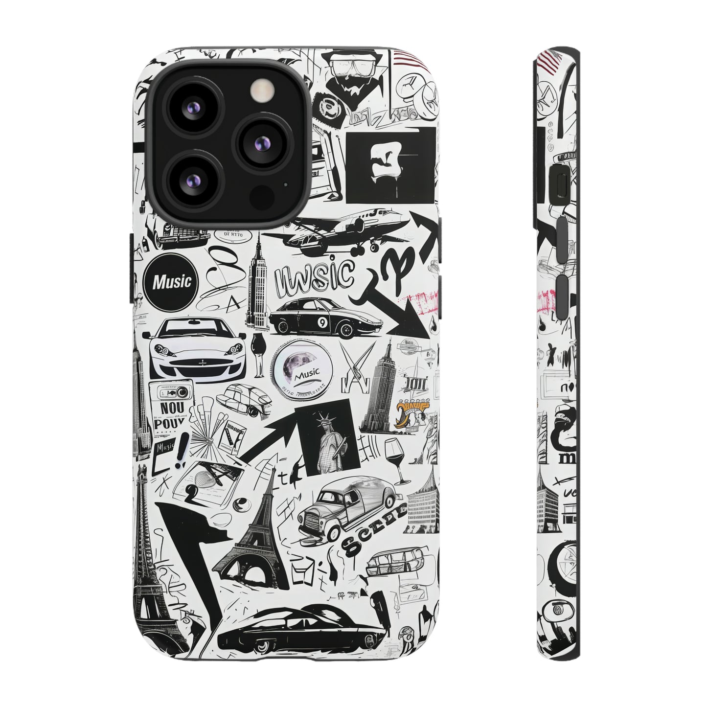 Iconica custodia per telefono con collage musicale in bianco e nero, cover dal design grafico moderno per audiofili, custodie per telefoni resistenti