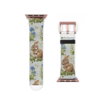 Springtime Bunny & Florals Apple Watch Band, Charming Rabbit Illustration, Pastel Blue Smartwatch Accessory. Apple Watch Band Apple Watch Straps For Series 4 5 6 7 8 9 ULTRA SE 38/40/41mm & 42/44/45mm Vegan Faux Leather Band