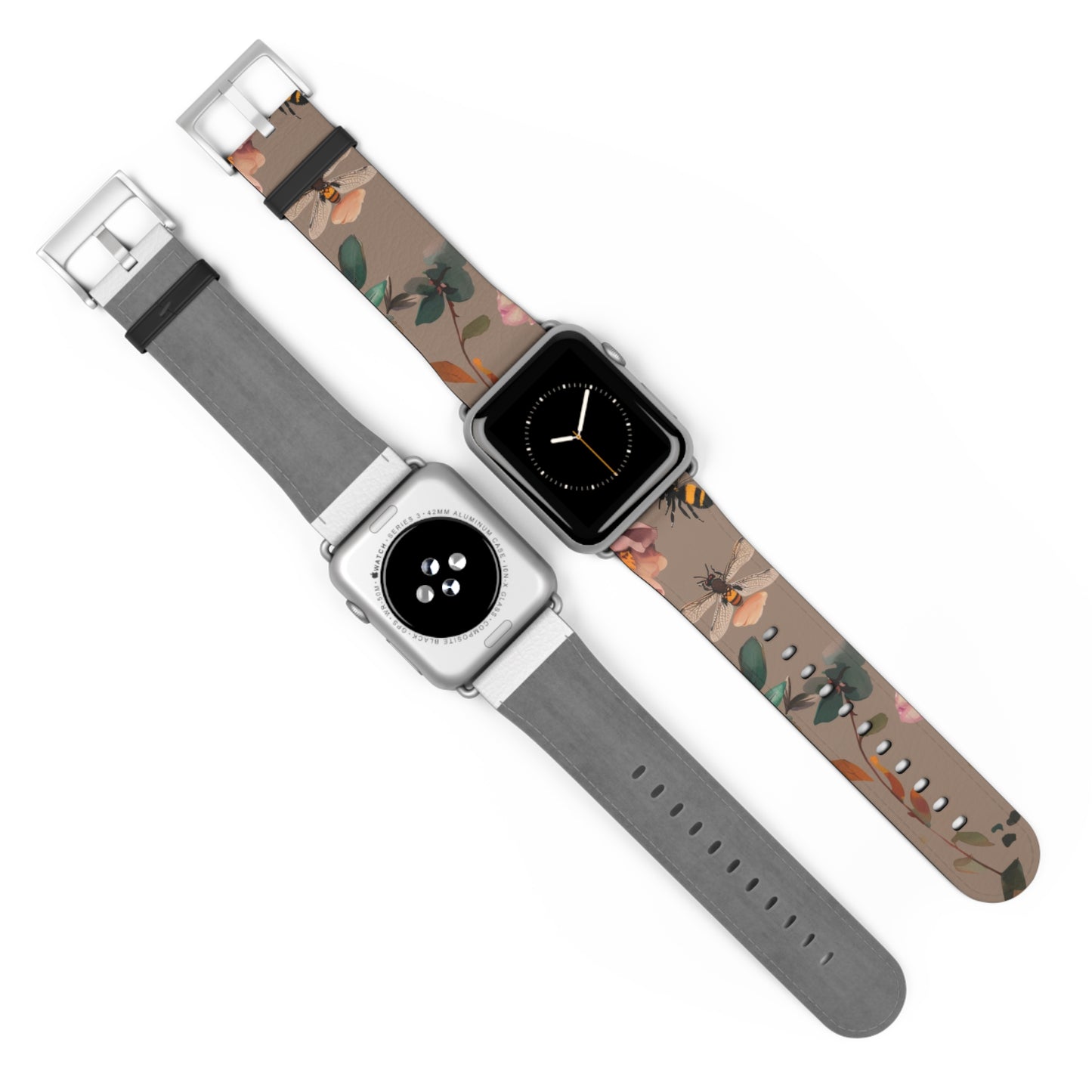 Nature-Inspired Bee and Floral Apple Watch Band, Pollinator Garden Smartwatch Strap, Unique Botanical Wristband Design. Apple Watch Band Apple Watch Straps For Series 4 5 6 7 8 9 ULTRA SE 38/40/41mm & 42/44/45mm Vegan Faux Leather Band