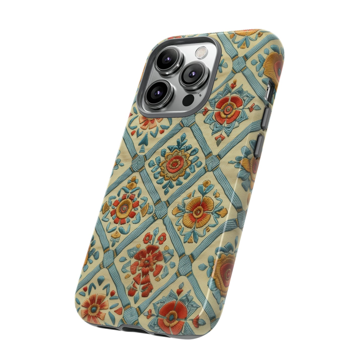 Vintage gesteppte florale iPhone-Hülle, Telefonhülle mit besticktem Design, handwerklich inspirierte Schutzausrüstung, robuste Hüllen