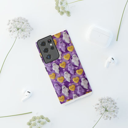 Purple Passion Ghostly Hearts Phone Case, Adorable Spirits with Love Emojis Cover for Smartphones, Tough Phone Cases