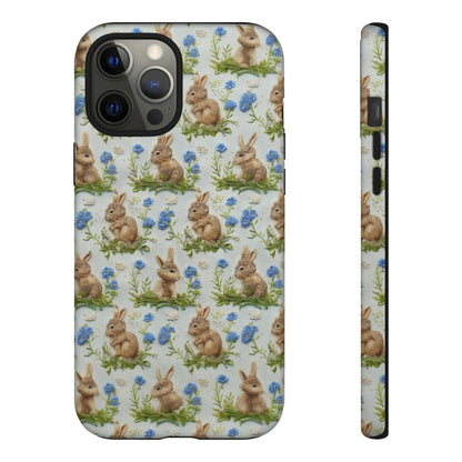 Springtime Bunnies iPhone Hülle, Entzückendes Kaninchen- und Glockenblumen-Design, Bezaubernde Schutzhülle, Robuste Hüllen 