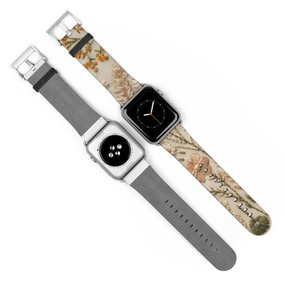 Apple Watch-Armband mit natürlicher botanischer Illustration, elegantes beiges Blumendesign, neutral getöntes Smartwatch-Armband. Apple Watch-Armbänder für die Serie 4, 5, 6, 7, 8, 9, ULTRA SE, 38/40/41 mm und 42/44/45 mm, veganes Kunstlederarmband