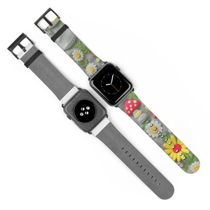 Verzaubertes Wald-Gänseblümchen- und Pilz-Apple-Watch-Armband, skurriles Smartwatch-Armband mit Naturmotiven. Apple Watch-Armband, Apple Watch-Armbänder für Serie 4, 5, 6, 7, 8, 9, ULTRA SE, 38/40/41 mm und 42/44/45 mm, veganes Kunstlederarmband