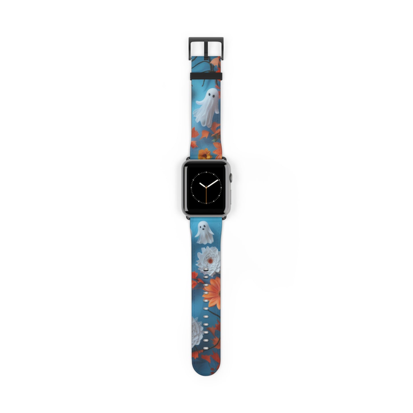 Charming Ghosts and Autumn Leaves Apple Watch Band, Spooky Cute Floral Design, Seasonal Smartwatch Strap. Apple Watch Band Apple Watch Straps For Series 4 5 6 7 8 9 ULTRA SE 38/40/41mm & 42/44/45mm Vegan Faux Leather Band