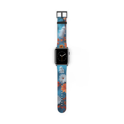 Charming Ghosts and Autumn Leaves Apple Watch Band, Spooky Cute Floral Design, Seasonal Smartwatch Strap. Apple Watch Band Apple Watch Straps For Series 4 5 6 7 8 9 ULTRA SE 38/40/41mm & 42/44/45mm Vegan Faux Leather Band