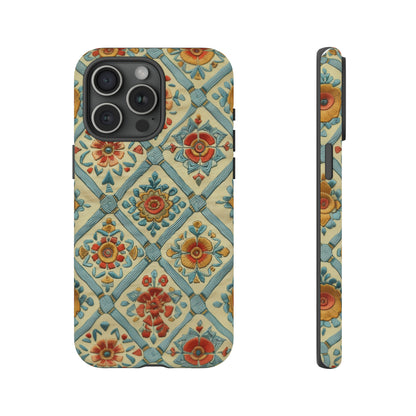 Vintage gesteppte florale iPhone-Hülle, Telefonhülle mit besticktem Design, handwerklich inspirierte Schutzausrüstung, robuste Hüllen