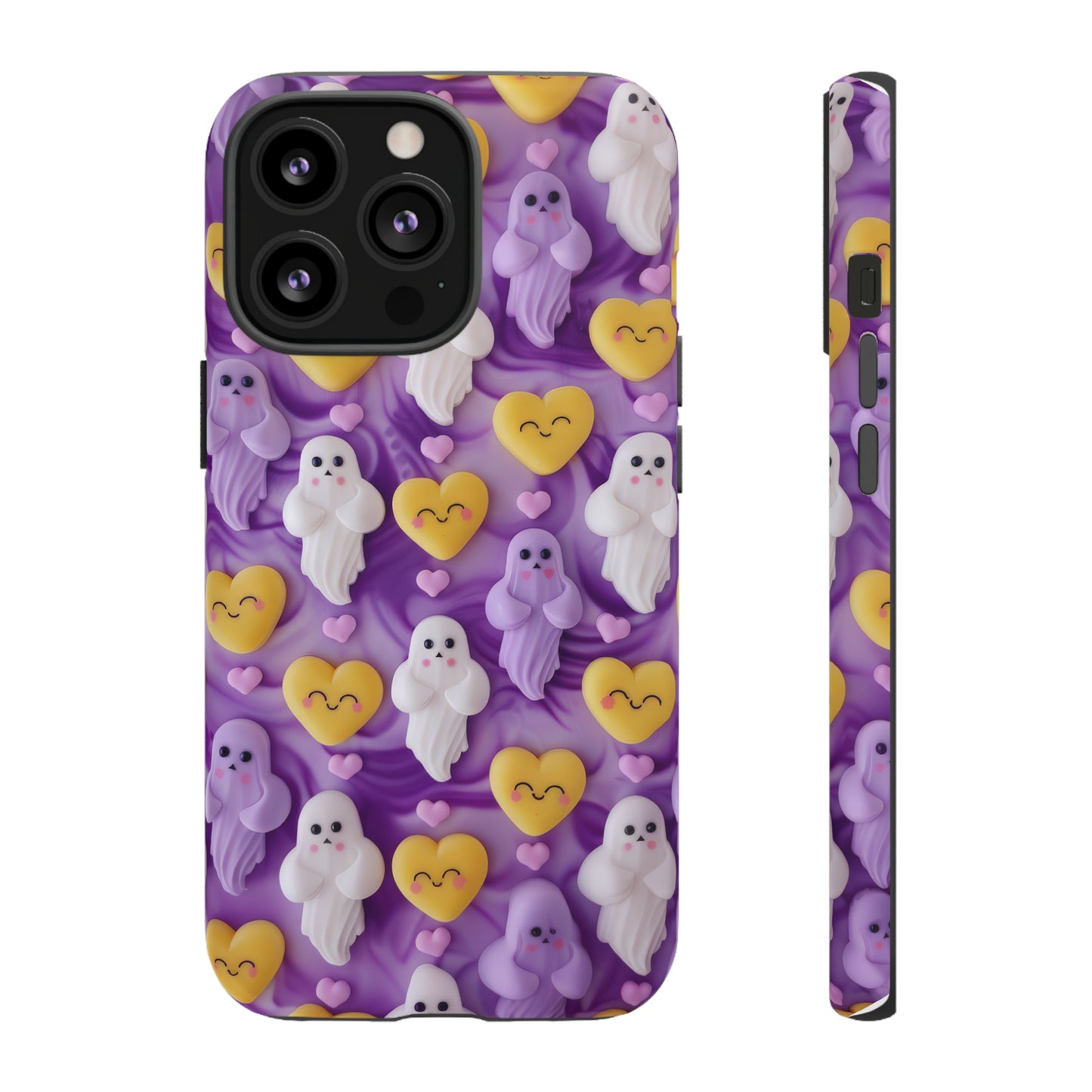 Purple Passion Ghostly Hearts Phone Case, Adorable Spirits with Love Emojis Cover for Smartphones, Tough Phone Cases