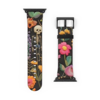 Gothic-Blumen-Totenkopf-Armband für die Apple Watch, leuchtende Blüten mit Skelett, kantiges botanisches Smartwatch-Armband. Apple Watch-Armbänder für die Serie 4, 5, 6, 7, 8, 9, ULTRA SE, 38/40/41 mm und 42/44/45 mm, veganes Kunstlederarmband