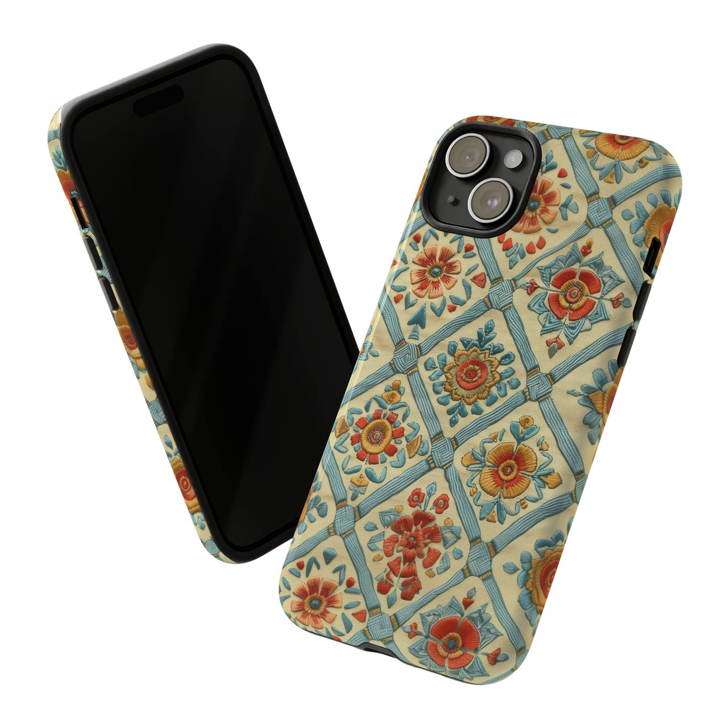 Vintage gesteppte florale iPhone-Hülle, Telefonhülle mit besticktem Design, handwerklich inspirierte Schutzausrüstung, robuste Hüllen