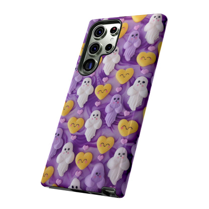 Purple Passion Ghostly Hearts Phone Case, Adorable Spirits with Love Emojis Cover for Smartphones, Tough Phone Cases