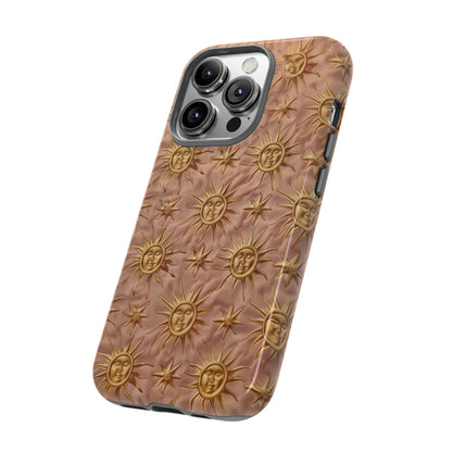 Custodia per iPhone con motivo sole celeste, design solare 3D strutturato, custodia protettiva lussuosa, custodie per telefono resistenti