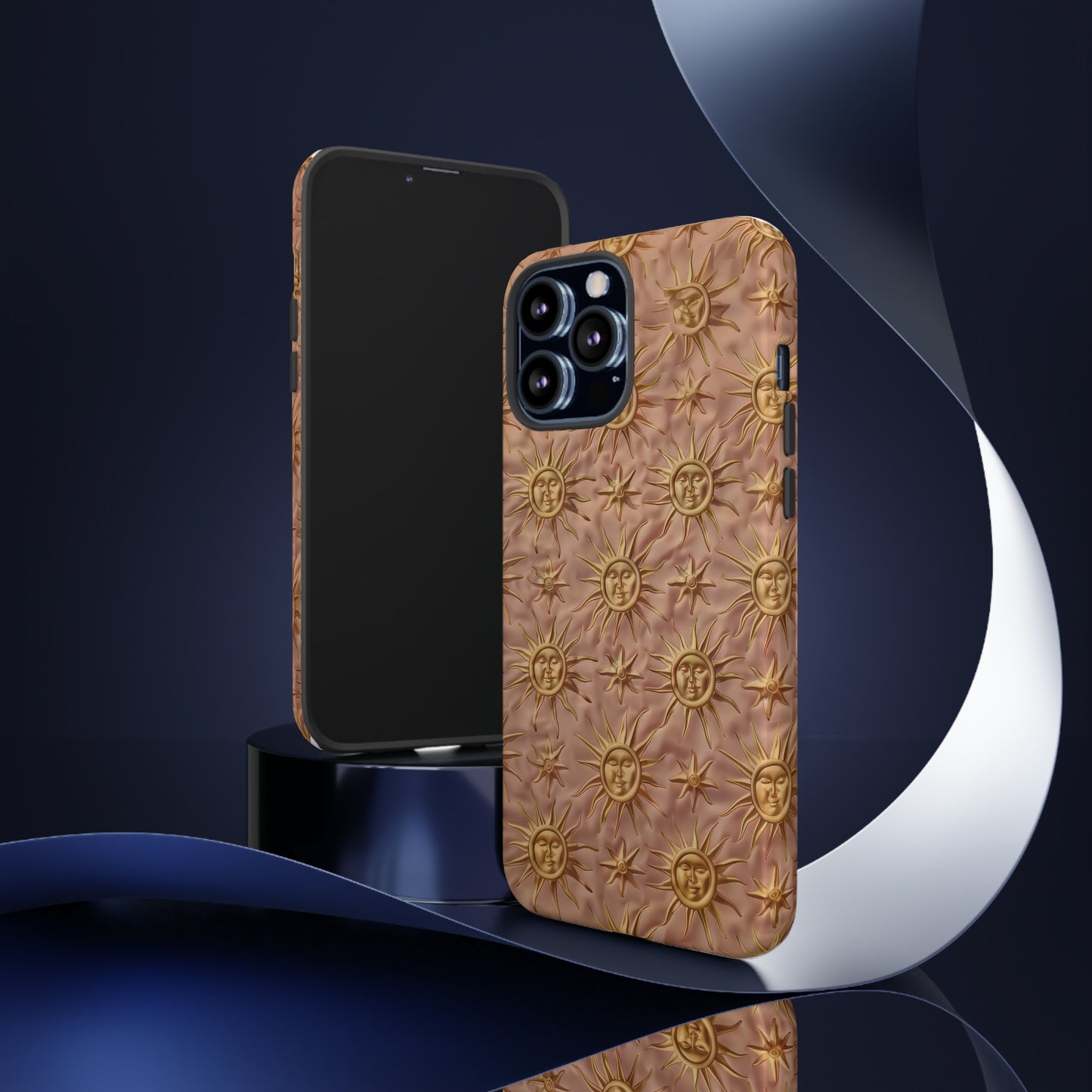 Custodia per iPhone con motivo sole celeste, design solare 3D strutturato, custodia protettiva lussuosa, custodie per telefono resistenti