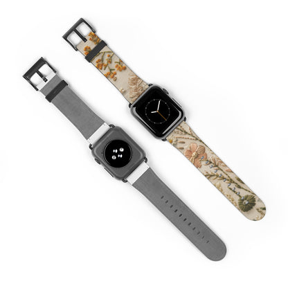 Apple Watch-Armband mit natürlicher botanischer Illustration, elegantes beiges Blumendesign, neutral getöntes Smartwatch-Armband. Apple Watch-Armbänder für die Serie 4, 5, 6, 7, 8, 9, ULTRA SE, 38/40/41 mm und 42/44/45 mm, veganes Kunstlederarmband