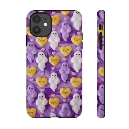 Purple Passion Ghostly Hearts Phone Case, Adorable Spirits with Love Emojis Cover for Smartphones, Tough Phone Cases