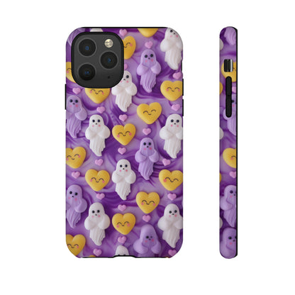 Purple Passion Ghostly Hearts Phone Case, Adorable Spirits with Love Emojis Cover for Smartphones, Tough Phone Cases