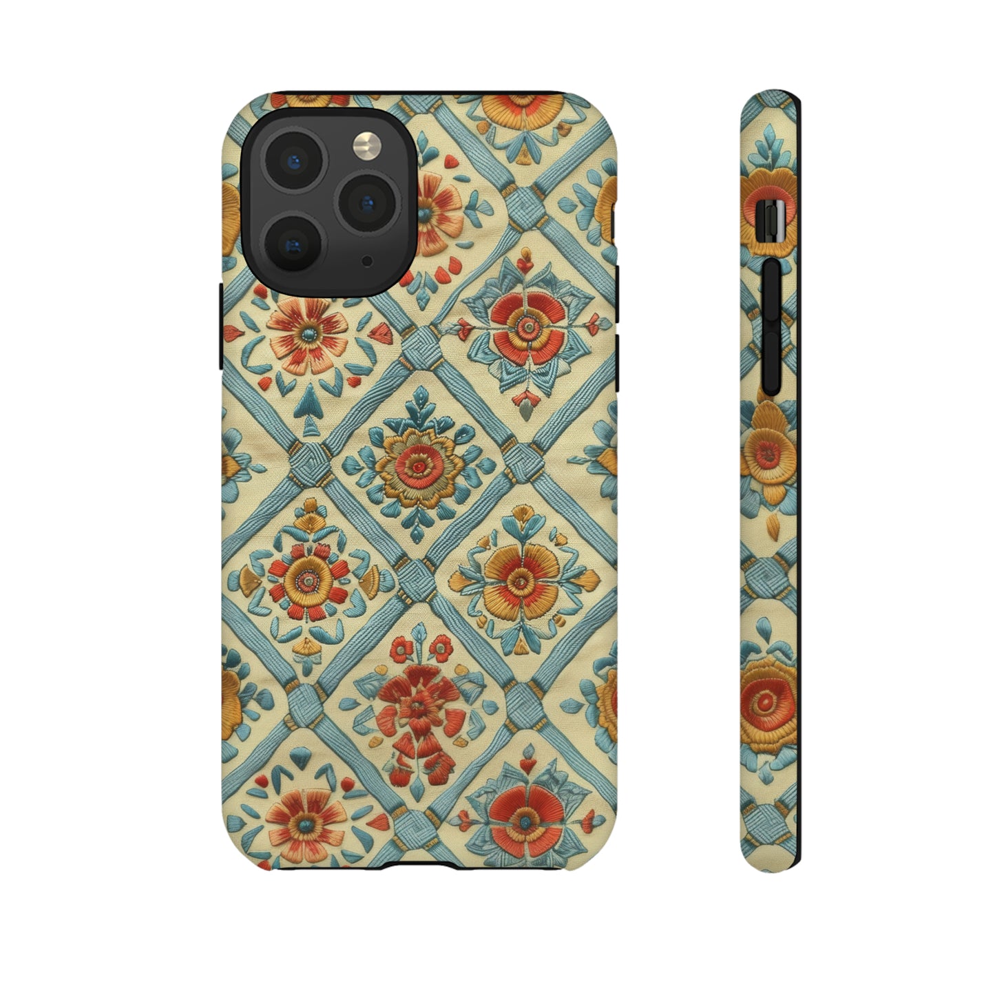 Vintage gesteppte florale iPhone-Hülle, Telefonhülle mit besticktem Design, handwerklich inspirierte Schutzausrüstung, robuste Hüllen