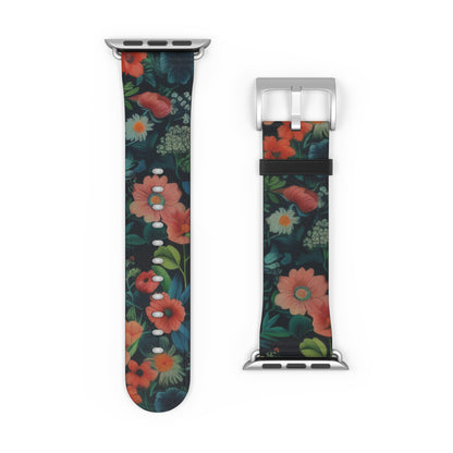 Enchanted Garden Floral Apple Watch Band, Lush Botanical Print, Elegant Dark Background Smartwatch Strap. Apple Watch Band Apple Watch Straps For Series 4 5 6 7 8 9 ULTRA SE 38/40/41mm & 42/44/45mm Vegan Faux Leather Band