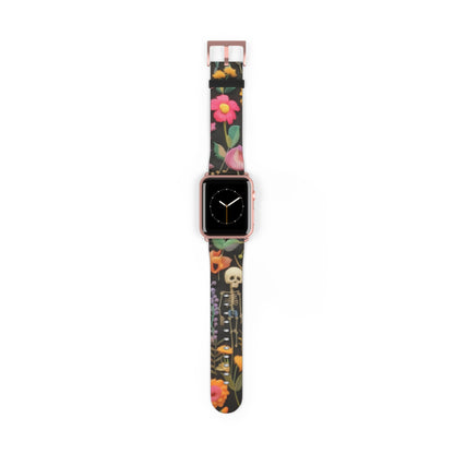 Gothic-Blumen-Totenkopf-Armband für die Apple Watch, leuchtende Blüten mit Skelett, kantiges botanisches Smartwatch-Armband. Apple Watch-Armbänder für die Serie 4, 5, 6, 7, 8, 9, ULTRA SE, 38/40/41 mm und 42/44/45 mm, veganes Kunstlederarmband