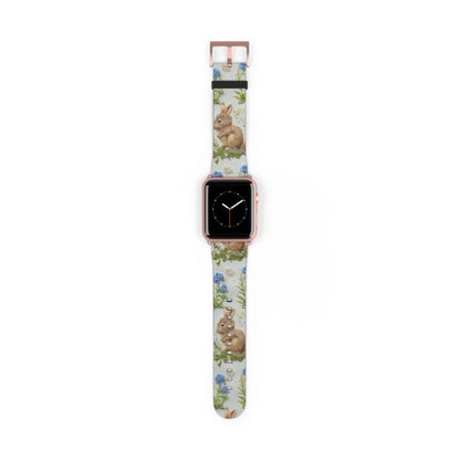 Springtime Bunny & Florals Apple Watch Band, Charming Rabbit Illustration, Pastel Blue Smartwatch Accessory. Apple Watch Band Apple Watch Straps For Series 4 5 6 7 8 9 ULTRA SE 38/40/41mm & 42/44/45mm Vegan Faux Leather Band