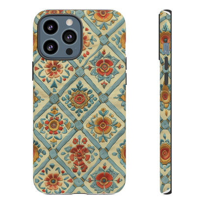 Vintage gesteppte florale iPhone-Hülle, Telefonhülle mit besticktem Design, handwerklich inspirierte Schutzausrüstung, robuste Hüllen