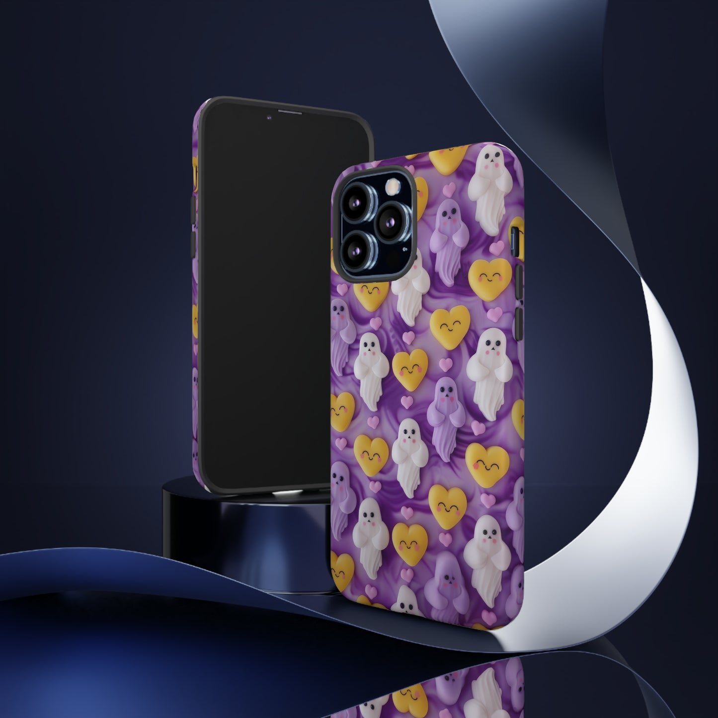 Purple Passion Ghostly Hearts Phone Case, Adorable Spirits with Love Emojis Cover for Smartphones, Tough Phone Cases