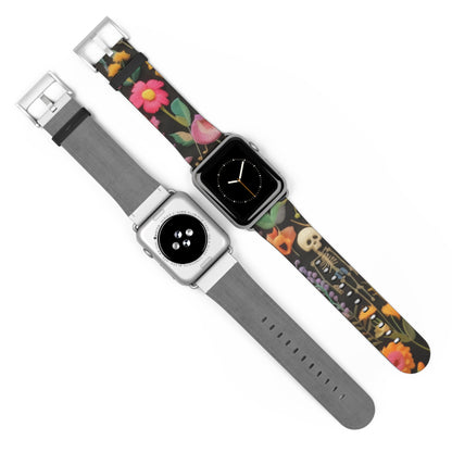 Gothic-Blumen-Totenkopf-Armband für die Apple Watch, leuchtende Blüten mit Skelett, kantiges botanisches Smartwatch-Armband. Apple Watch-Armbänder für die Serie 4, 5, 6, 7, 8, 9, ULTRA SE, 38/40/41 mm und 42/44/45 mm, veganes Kunstlederarmband