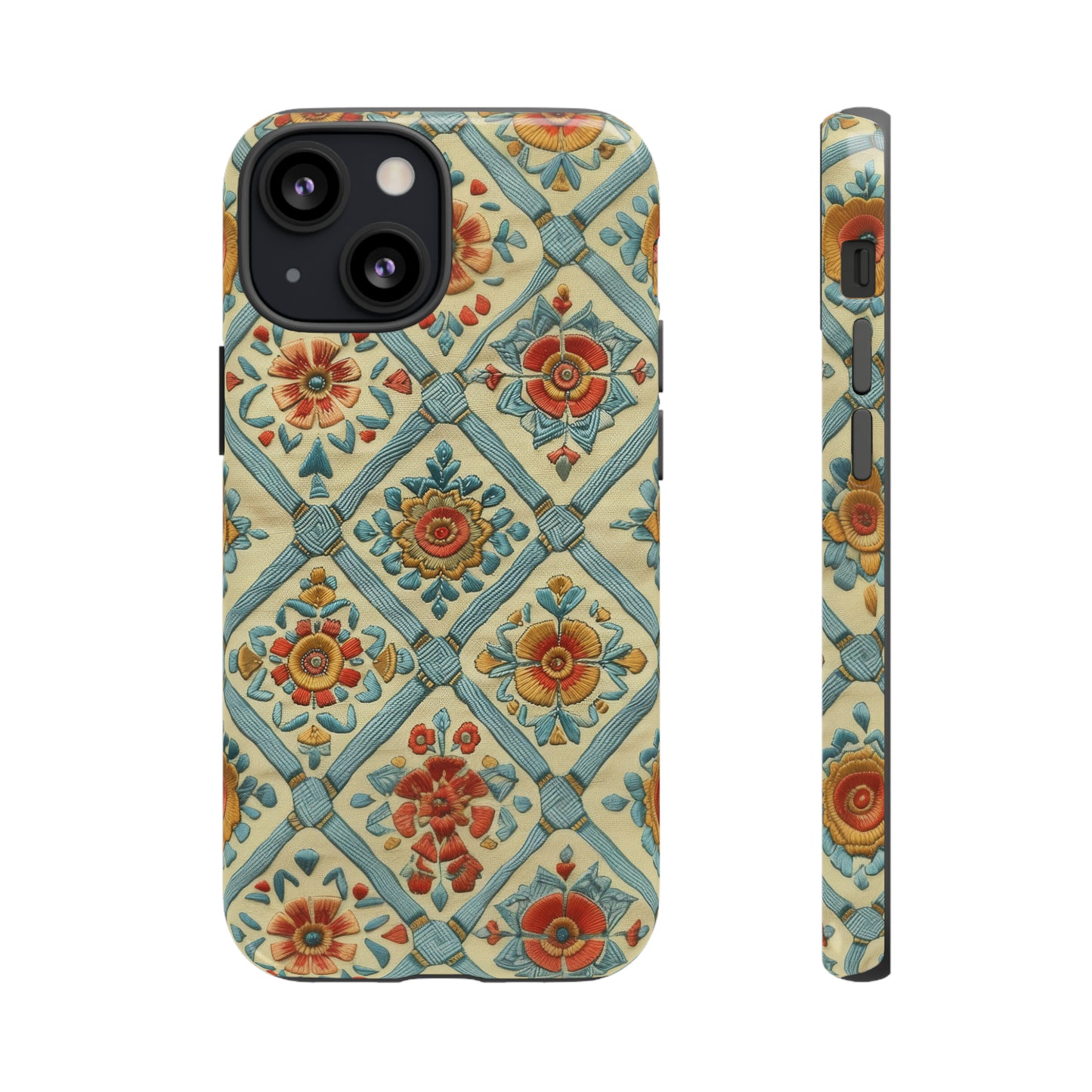 Vintage gesteppte florale iPhone-Hülle, Telefonhülle mit besticktem Design, handwerklich inspirierte Schutzausrüstung, robuste Hüllen