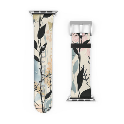 Contemporary Floral Apple Watch Band, Chic Pastel Tones with Black Accents, Stylish Silicone Strap for Everyday Elegance. Apple Watch Band Apple Watch Straps For Series 4 5 6 7 8 9 ULTRA SE 38/40/41mm & 42/44/45mm Vegan Faux Leather Band