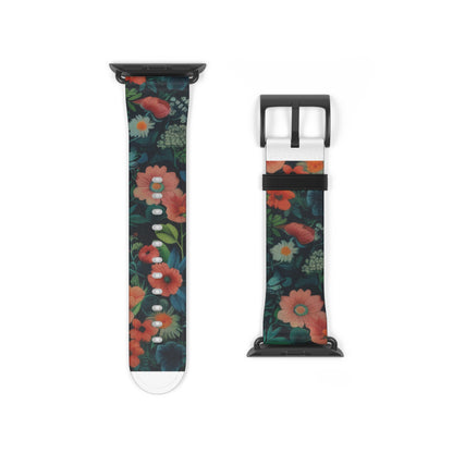 Enchanted Garden Floral Apple Watch Band, Lush Botanical Print, Elegant Dark Background Smartwatch Strap. Apple Watch Band Apple Watch Straps For Series 4 5 6 7 8 9 ULTRA SE 38/40/41mm & 42/44/45mm Vegan Faux Leather Band