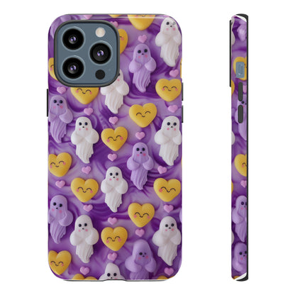 Purple Passion Ghostly Hearts Phone Case, Adorable Spirits with Love Emojis Cover for Smartphones, Tough Phone Cases