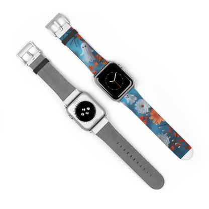 Charming Ghosts and Autumn Leaves Apple Watch Band, Spooky Cute Floral Design, Seasonal Smartwatch Strap. Apple Watch Band Apple Watch Straps For Series 4 5 6 7 8 9 ULTRA SE 38/40/41mm & 42/44/45mm Vegan Faux Leather Band