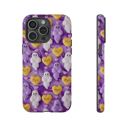 Purple Passion Ghostly Hearts Phone Case, Adorable Spirits with Love Emojis Cover for Smartphones, Tough Phone Cases