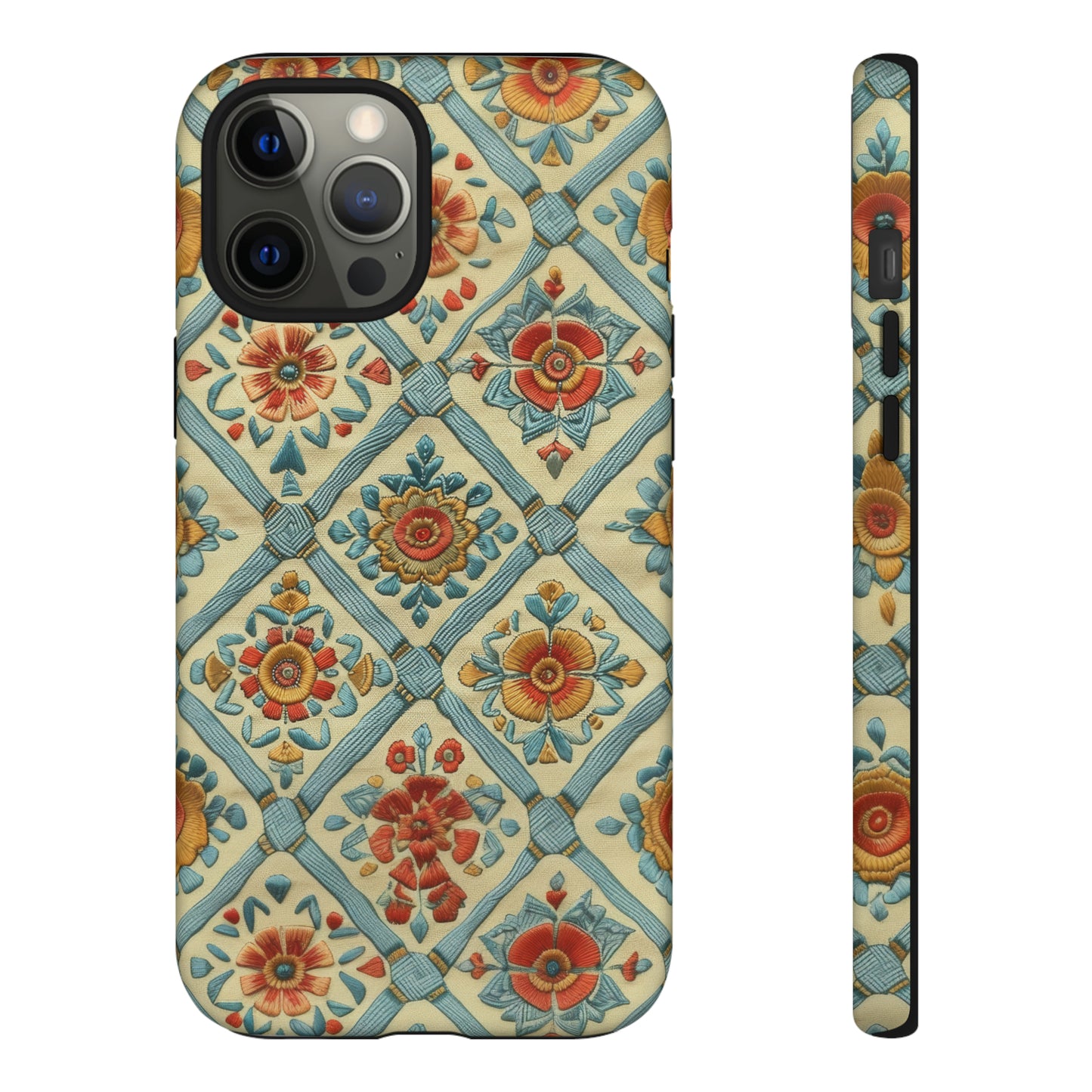 Vintage gesteppte florale iPhone-Hülle, Telefonhülle mit besticktem Design, handwerklich inspirierte Schutzausrüstung, robuste Hüllen