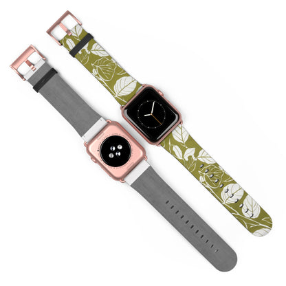 Apple Watch-Armband mit olivgrünem Blattmuster | Öko-Chic-Armband im Natur-Stil. Apple Watch-Armband, Apple Watch-Armbänder für Serie 4, 5, 6, 7, 8, 9, ULTRA SE, 38/40/41 mm und 42/44/45 mm, veganes Kunstlederarmband 