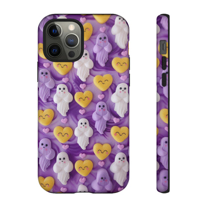 Purple Passion Ghostly Hearts Phone Case, Adorable Spirits with Love Emojis Cover for Smartphones, Tough Phone Cases