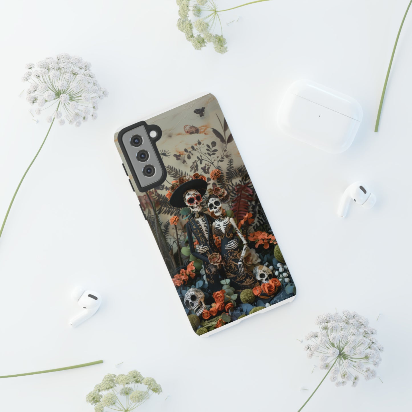 Custodia per telefono Dia de los Muertos, Cover con design di coppia scheletrica, Accessorio protettivo festivo per telefono, Custodie per telefono resistenti 