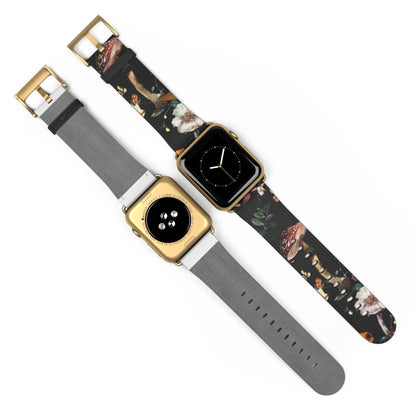 Enchanted Forest Flora Apple Watch Band, Mystical Mushroom and Blooms Smartwatch Strap, Dark Botanical Wristband Accessory. Apple Watch Band Apple Watch Straps For Series 4 5 6 7 8 9 ULTRA SE 38/40/41mm & 42/44/45mm Vegan Faux Leather Band