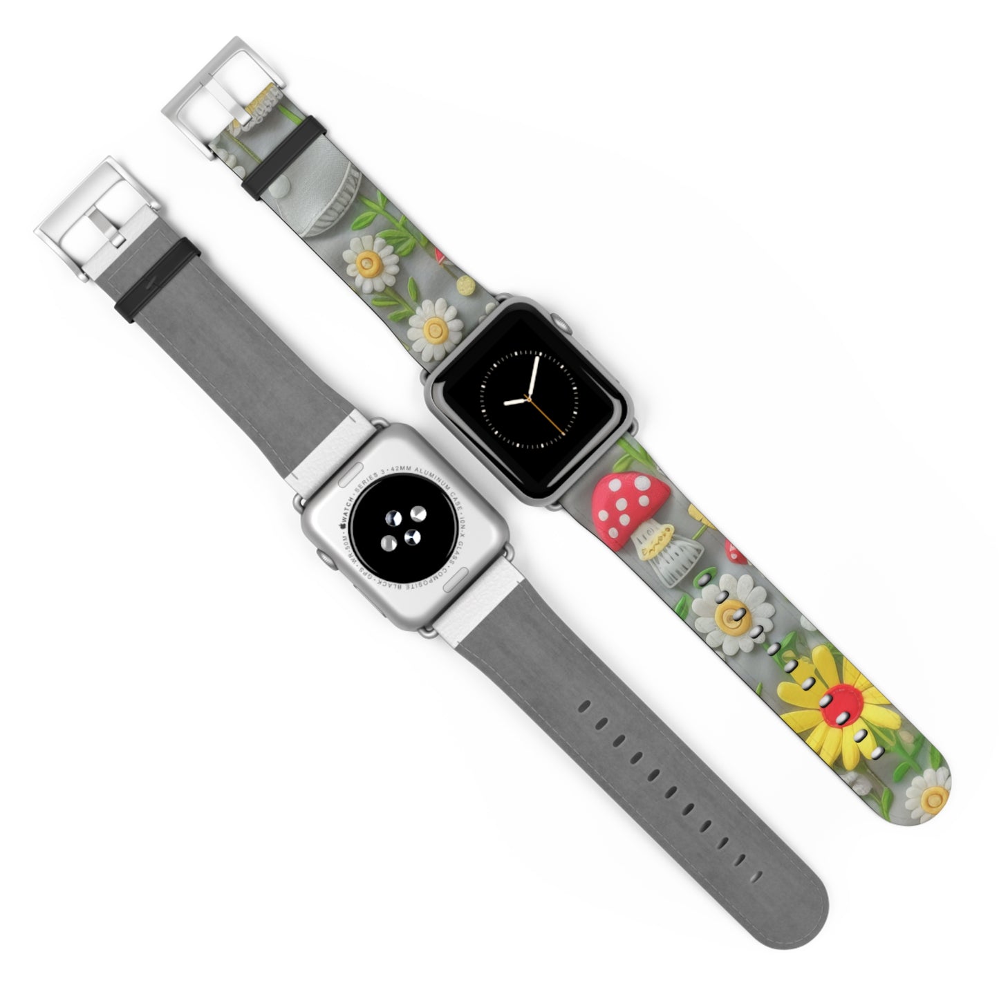 Verzaubertes Wald-Gänseblümchen- und Pilz-Apple-Watch-Armband, skurriles Smartwatch-Armband mit Naturmotiven. Apple Watch-Armband, Apple Watch-Armbänder für Serie 4, 5, 6, 7, 8, 9, ULTRA SE, 38/40/41 mm und 42/44/45 mm, veganes Kunstlederarmband