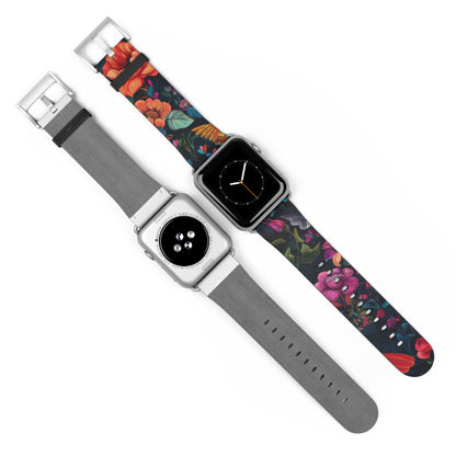 Midnight Blossoms Apple Watch Band, Vibrant Night Garden Floral Print, Stylish and Bold Smartwatch Accessory. Apple Watch Band Apple Watch Straps For Series 4 5 6 7 8 9 SE 38/40/41mm & 42/44/45mm Vegan Faux Leather Band
